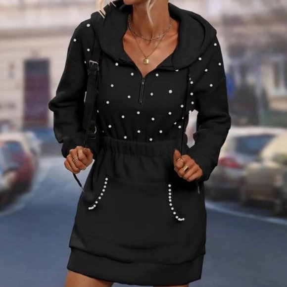 black Elastic Waist Drawstring Hoodie Long sleeved Pearls Beaded Mini Dress - Picture 2 of 5